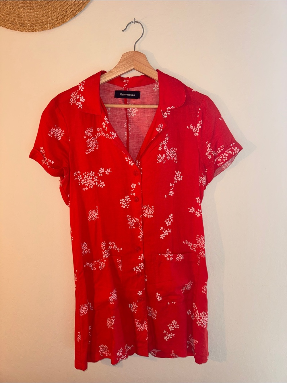 Reformation Red Short-Sleeve Floral Button-Mini Dress.